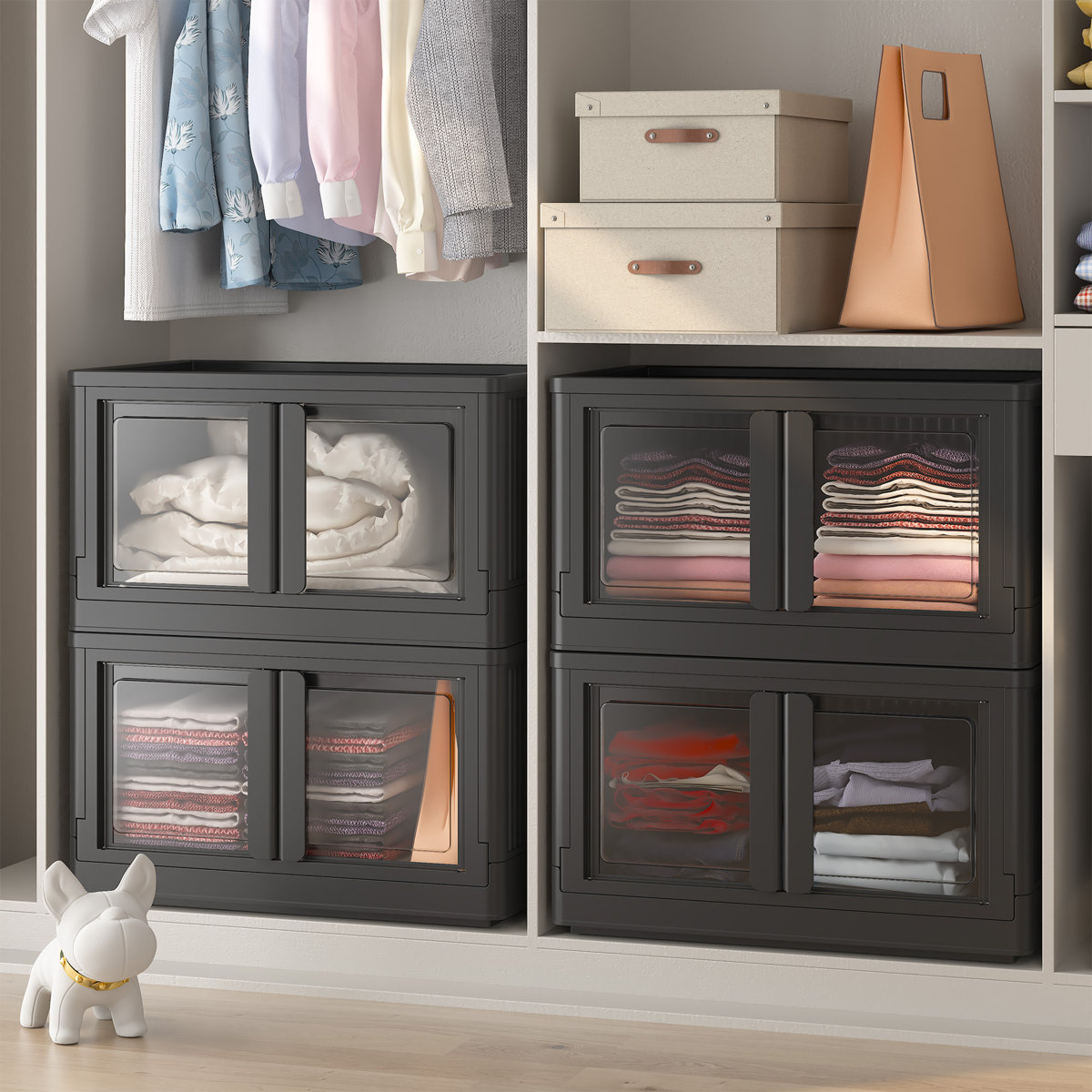 Stackable Collapsible Plastic Storage Bins with Lids,304 QT Closet Organizers with Doors, 25''L x 15.5''W x 56''H (Set of 4)